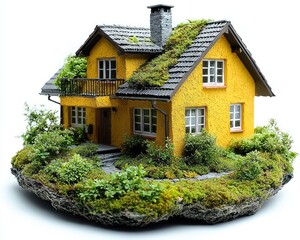 A small, yellow house sits atop a grassy island.  Detailed model
