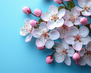 Delicate spring blossoms arranged on a vibrant blue backdrop