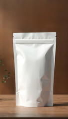 Blank white doypack standing on wooden table. Isolated paper bag mockup on brown background with place for logo. Food package template. Packaging for tea coffee snacks.