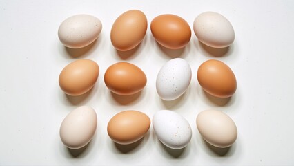 Brown eggs neatly arranged on a white surface, showcasing simplicity and natural food.