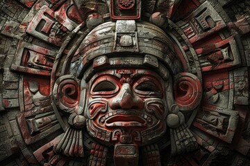 Fototapeta premium Ancient mayan calendar carving depicting a powerful sun stone with intricate details and vibrant red accents
