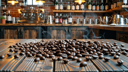 Freshly roasted coffee beans on wood with aromatic steam in warm directional light.