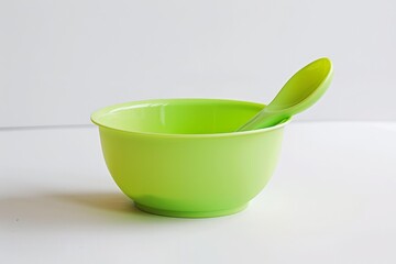 Simple green plastic bowl with a matching spoon is sitting on a white tabletop
