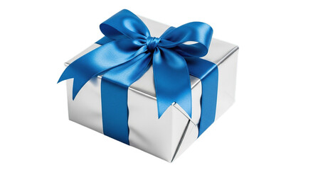 Fototapeta premium White gift box with blue ribbon isolated on black background for celebration and surprise