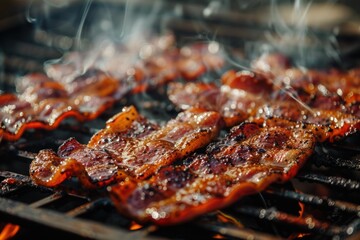 Smoke rising from delicious crispy bacon rashers sizzling on barbecue grill