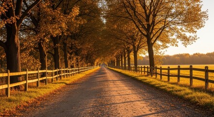 Sunlit autumn pathway lined with trees and fences in a tranquil countryside setting