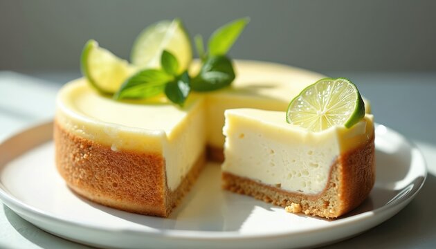 Whole key lime pie sits on white plate, one slice cut out. Tart citrus dessert garnished with lime wedges and fresh green mint leaves, bright natural lighting.