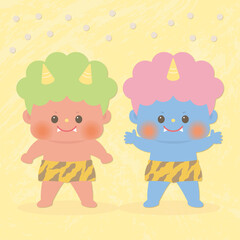 節分_かわいい赤鬼と青鬼のイラスト
