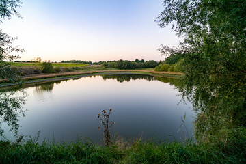  Forest trees reflected in calm lake water with green grass in foreground. Landscape nature photography. Summer season outdoor and eco tourism concept for design and print