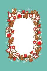 Christmas wreath made of gingerbread cookies and stars. Hand-drawn gingerbread wreath with festive holiday cookies.