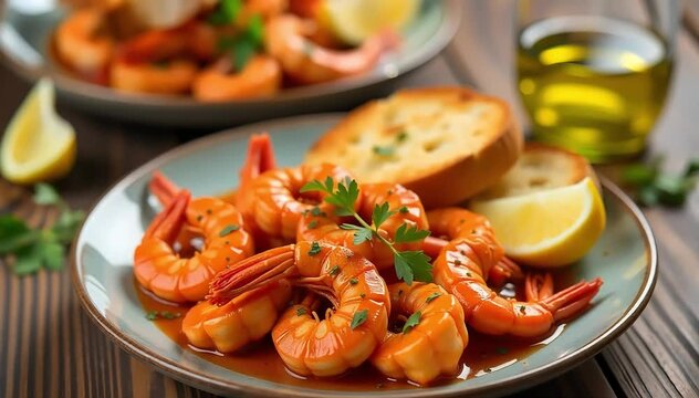 Traditional gambas al ajillo served hot with crusty bread slices and lemon wedges 