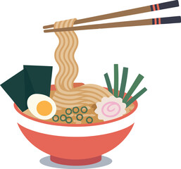 This vibrant illustration showcases a bowl of delicious ramen noodle soup, with chopsticks lifting noodles. 