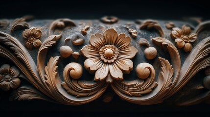 Intricate wooden carving with floral ornament showing detailed craftsmanship traditional art design and cultural decorative heritage expression, Generative AI