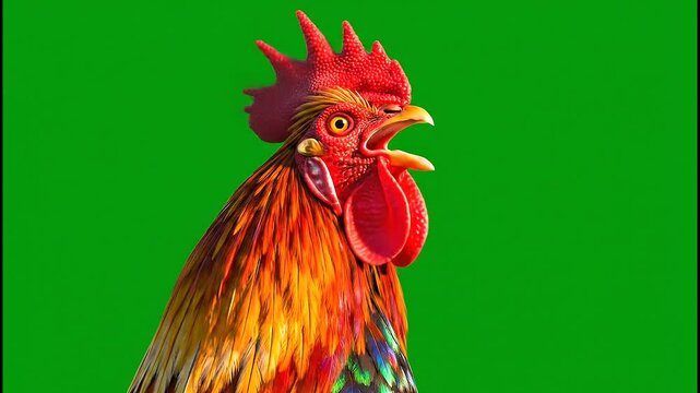 Close-up of a colorful rooster crowing against a solid green screen background.