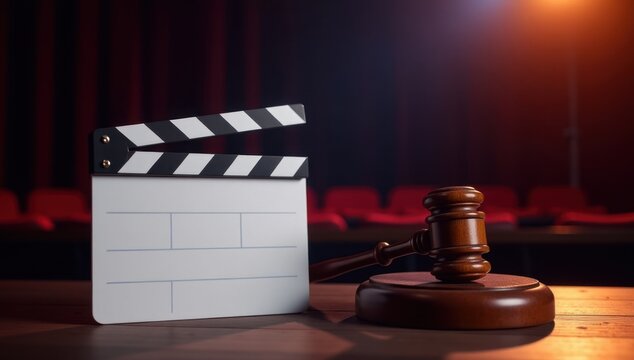 Movie Law: A Gavel and a Film Clapperboard. Ideal for  images illustrating legal issues in the film industry, contracts, or copyright law
