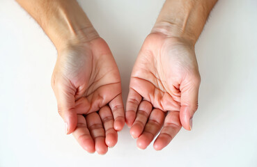 Cupped hands of a person reaching out. Empty palms open upwards ready to receive or give. A gesture of asking help or offering support. Clean bright background.