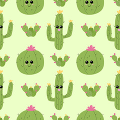 Cute seamless pattern with smiling cartoon cacti. Green desert plants with happy faces and flowers. Playful vector design for kids, fabric, or wallpaper.