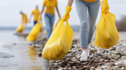 People cleaning beach with garbage bags collecting plastic waste symbolizing ocean pollution environmental care sustainability and marine conservation, Generative AI