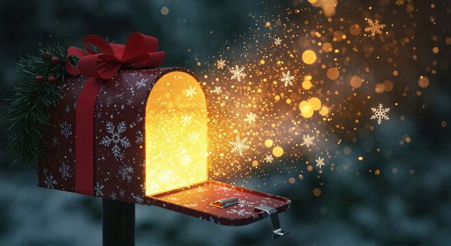 Christmas mailbox glowing with light and sparkles in winter night