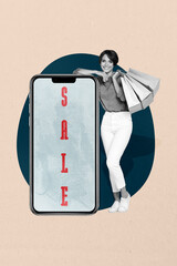 Trend 3D collage design of young lady stand smile touchscreen smartphone shopaholic client final...
