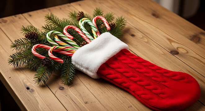 A christmas stocking filled with candy canes and pine cones on a wooden table surface indoors view
