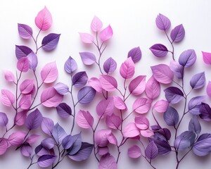 Delicate, vibrant leaves in shades of purple and pink, arranged artfully on a white background