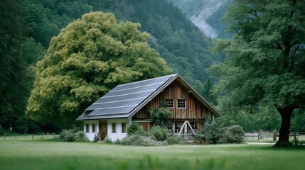Obraz premium Countryside house with solar panels on roof surrounded by nature symbolizing renewable energy eco friendly sustainable living and green electricity, Generative AI