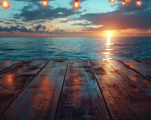 Sunset over the sea, wooden deck