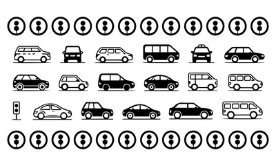 Transportation, vehicle icon set. Vector glyph pictograms of travel, logistics, public transit concepts, car, train, bus, bicycle, boat, and airplane black silhouette illustration.