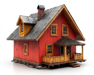 A small, red wooden house with a porch, situated on a white background.  3D model