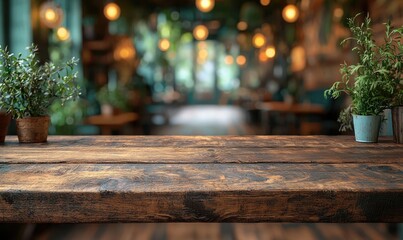 Rustic wooden table in a cafe. Blurred background of a cafe interior