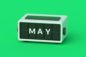May word on flipped clock on green background. Month of the year. Planning and scheduling time. Business concept. 3d render