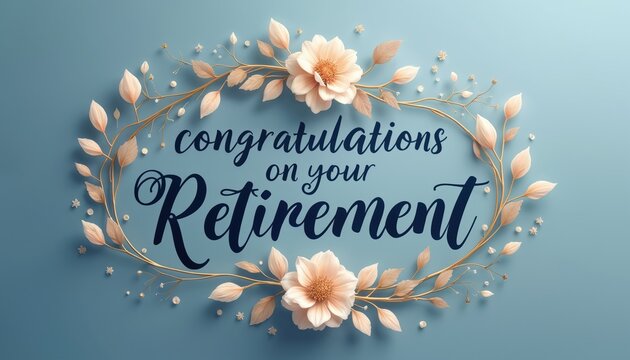 Elegant retirement greeting card design. Congratulations text message inside beautiful floral wreath frame. Soft blue background. Flowers, leaves, small beads decorate festive border. Celebrate