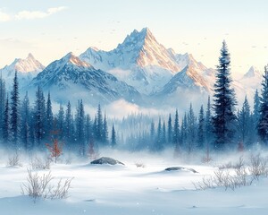 A serene winter landscape with snow-capped mountains and a misty forest