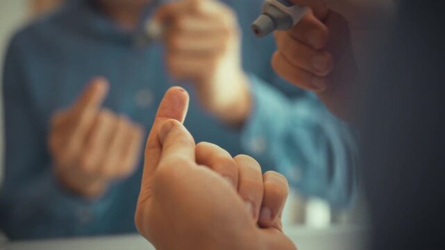 In the morning, in the soft light of the bathroom, a man checks his sugar level in front of the mirror. Close-up of his hands carefully pricking his finger with a lancet. Concept - body care