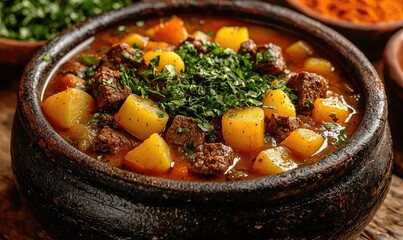 Hearty stew in a rustic pot