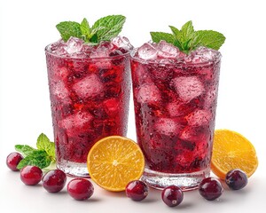 Two glasses of cranberry iced tea with mint and orange slices