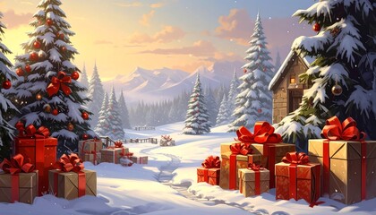 Winter wonderland christmas scene with gifts