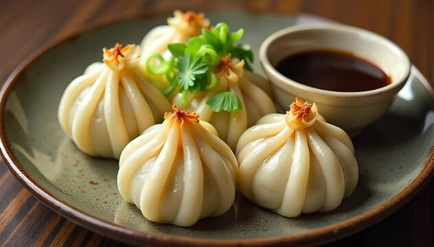 Traditional har gow served hot with soy dipping sauce and sliced scallions on rustic plate 