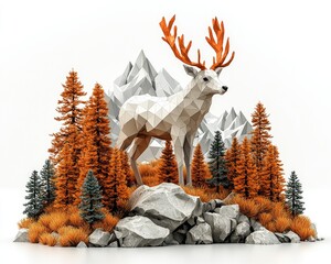 Low-poly deer in autumnal forest, mountains backdrop