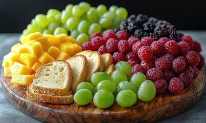 Colorful fruit and cheese platter on a wooden board