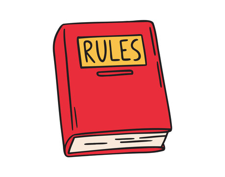 cartoon rule book icon doodle hand drawn. Outline colorful red rules book line drawing clipart symbol
