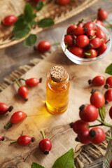 A bottle of rosehip seed oil with fresh rose hips