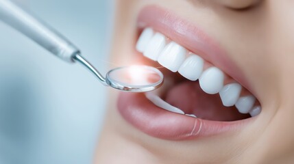 Close up of bright white teeth being examined with dental mirror symbolizing oral health hygiene cosmetic dentistry and professional dental care, Generative AI