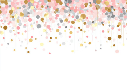 Fototapeta premium Colorful confetti shower with pink, gold, and gray dots against white background