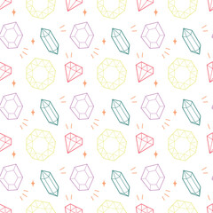 Seamless Gemstone and Diamond Pattern with Colorful Faceted Crystal Shapes