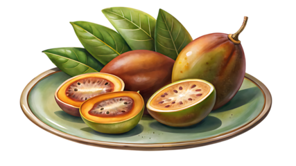 A plate of tamarillo fruits isolated on transparent background, showcasing their unique shape and vibrant colors