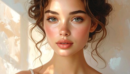 Fototapeta premium A close-up digital illustration of a beautiful woman, showcasing soft, natural beauty with warm, pastel colors and detailed features.
