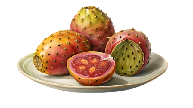 Illustration of prickly pear fruit on a plate, with slices, isolated on transparent background