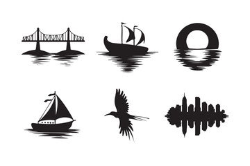 Collection of silhouetted water reflections of iconic objects